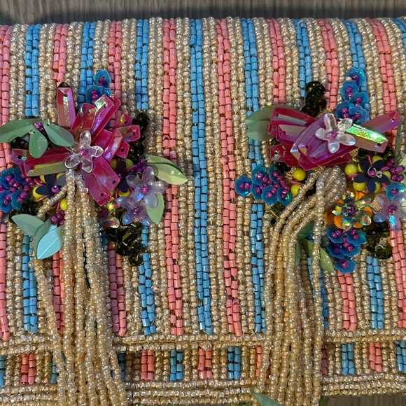 Striped Colorful Flowers Beaded Bag w/ Hanging Tassels Beads Viral TikTok Purse - Picture 4 of 8
